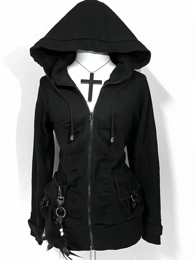 Street Fashion Zip Up Hoodie - Felpa con Cappuccio Nera alla Moda