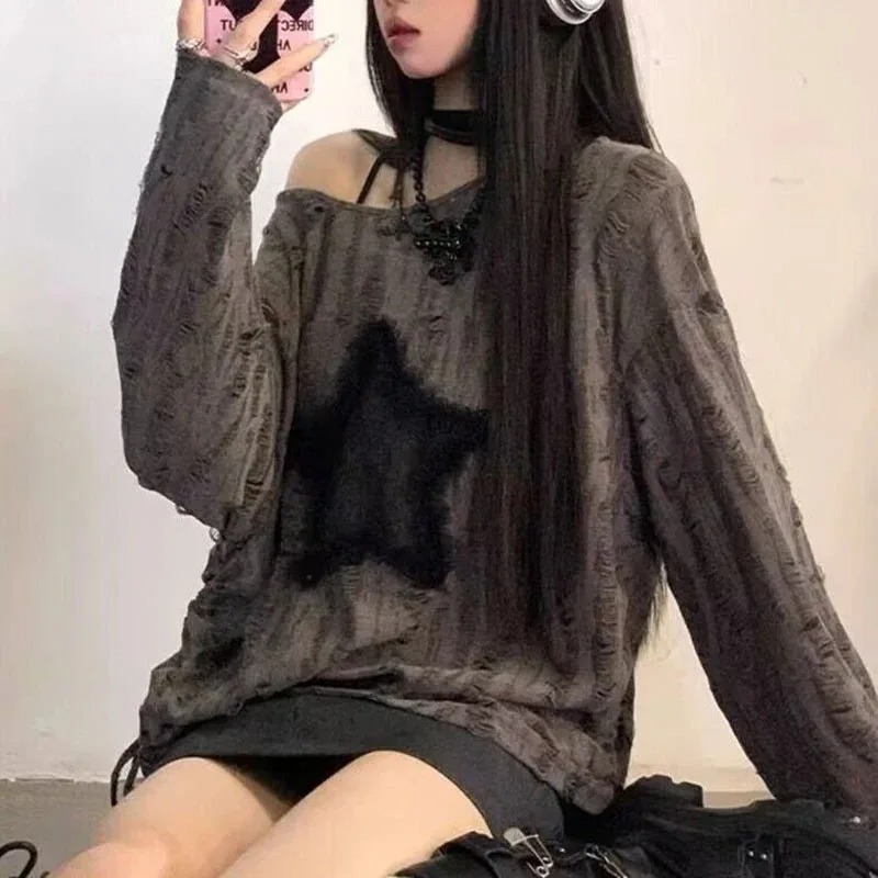 Street Fashion Kpop - Y2K Hole Star Stampa T-shirt Moda