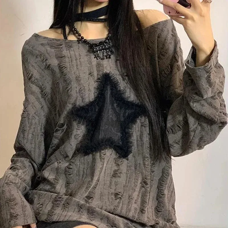 Y2K Hole Star Stampa T-shirt M - Street Fashion Kpop recensione e prezzo