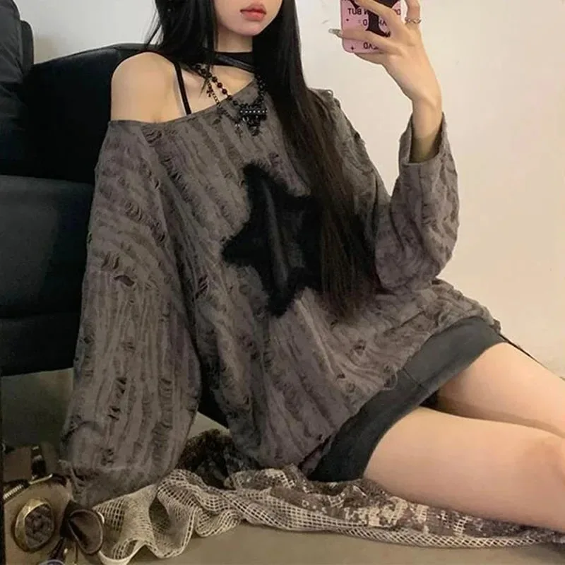 Y2K Hole Star Stampa T-shirt M - Street Fashion Kpop recensione e prezzo
